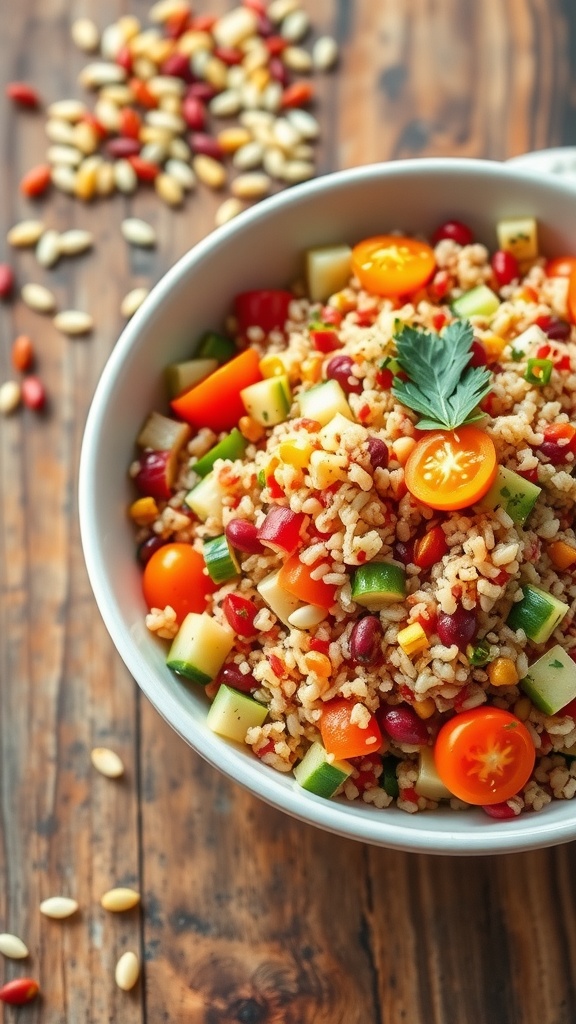 A colorful quinoa salad with red and white quinoa, vegetables, and herbs on a rustic table.